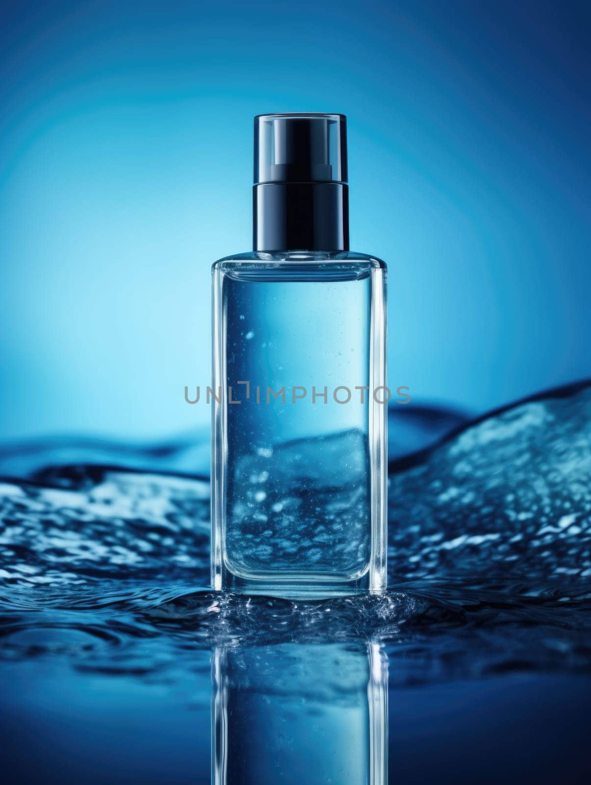 transparent bottle on water background, ai