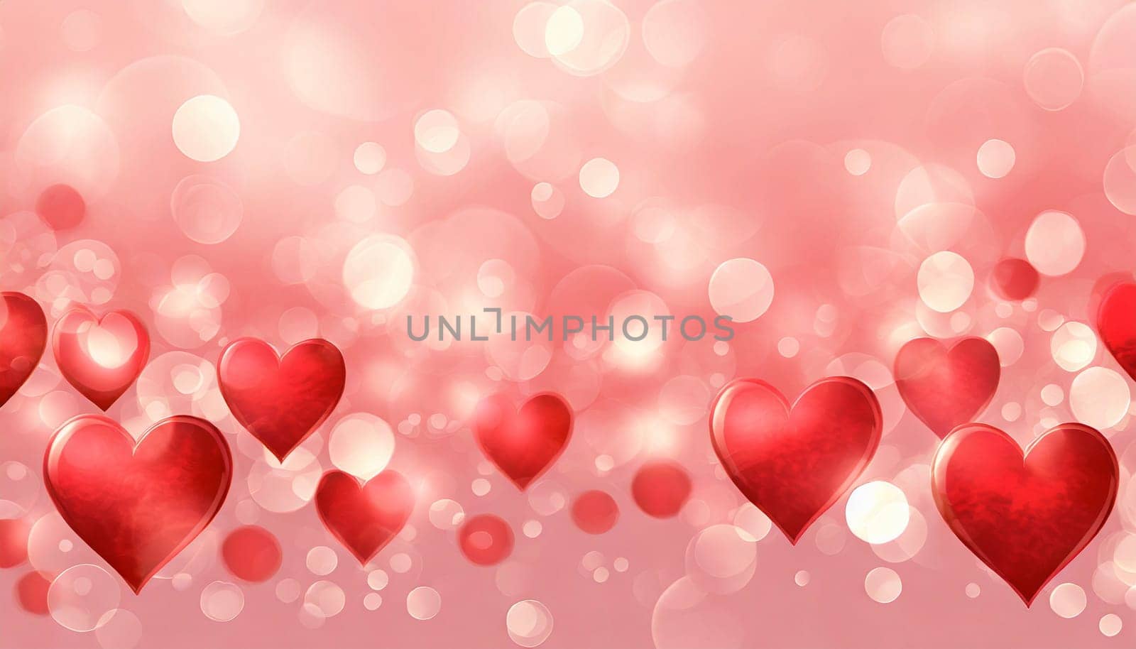 Valentine's day background with red hearts and bokeh lights. AI generated