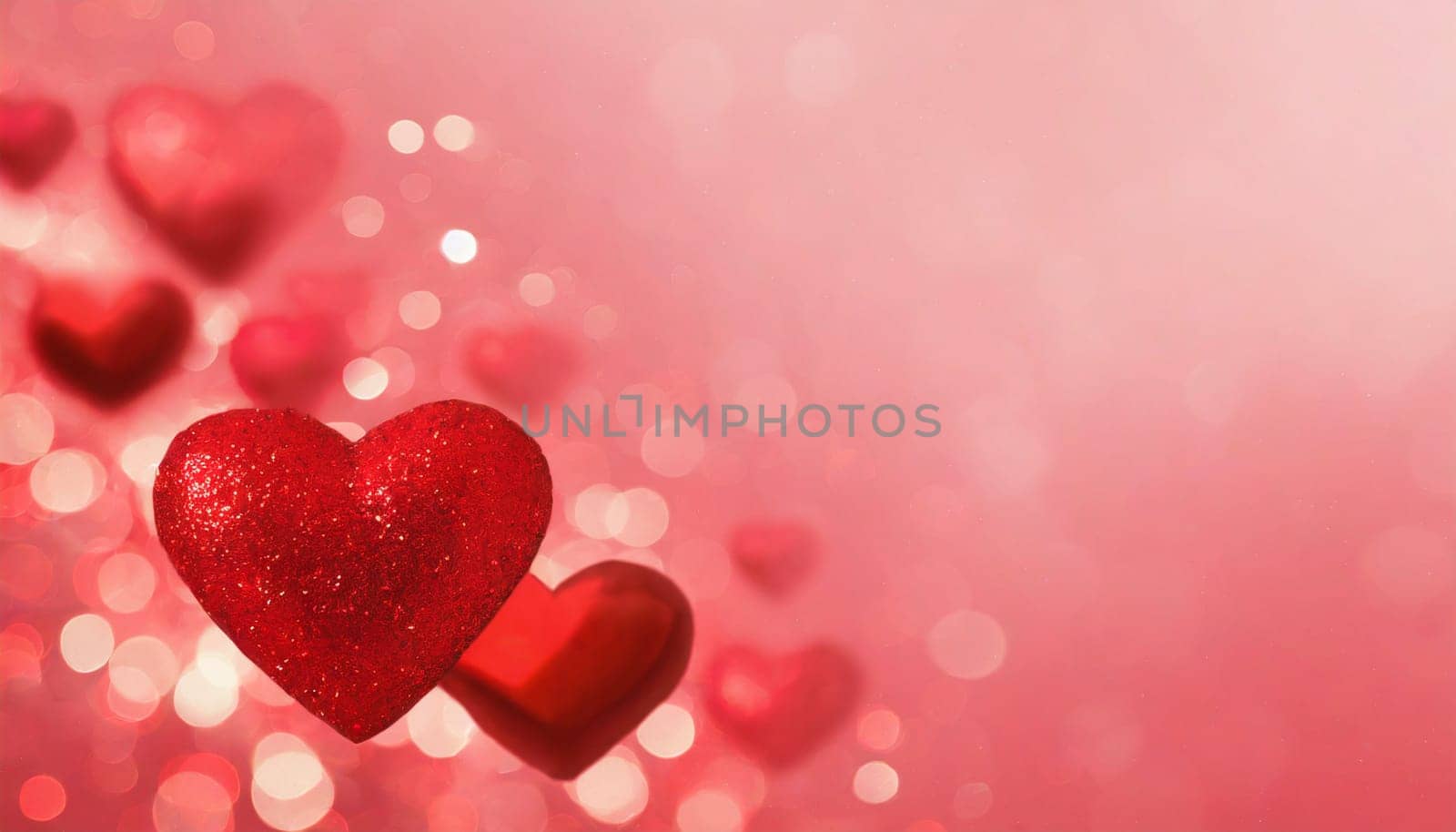 Valentine's day background with red hearts and bokeh lights. AI generated