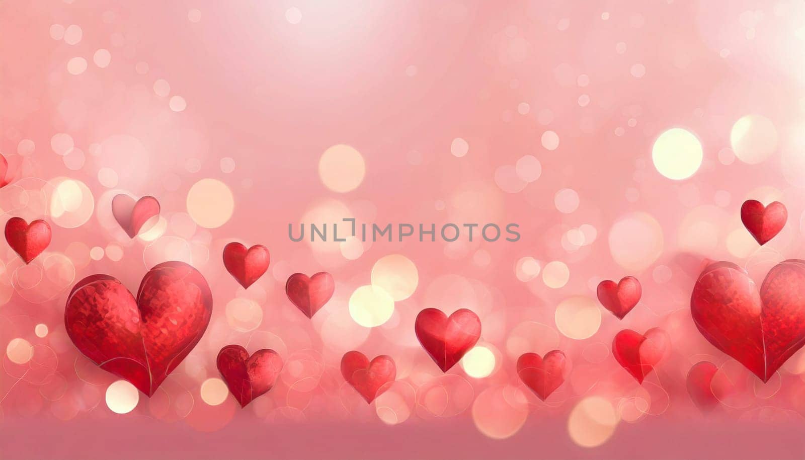 Valentine's day background with red hearts and bokeh lights. AI generated