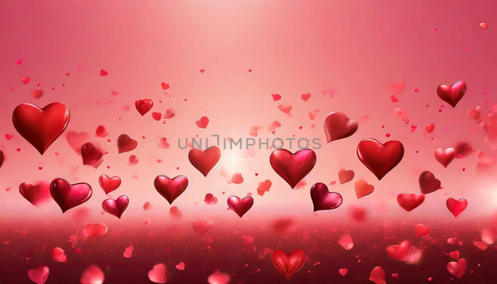 Valentine's day background with red hearts and bokeh lights. AI generated