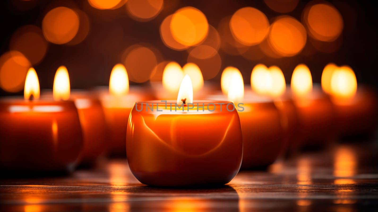 A close up on a row of a candles in the dark. Many burning candles with shallow depth of field. AI generated