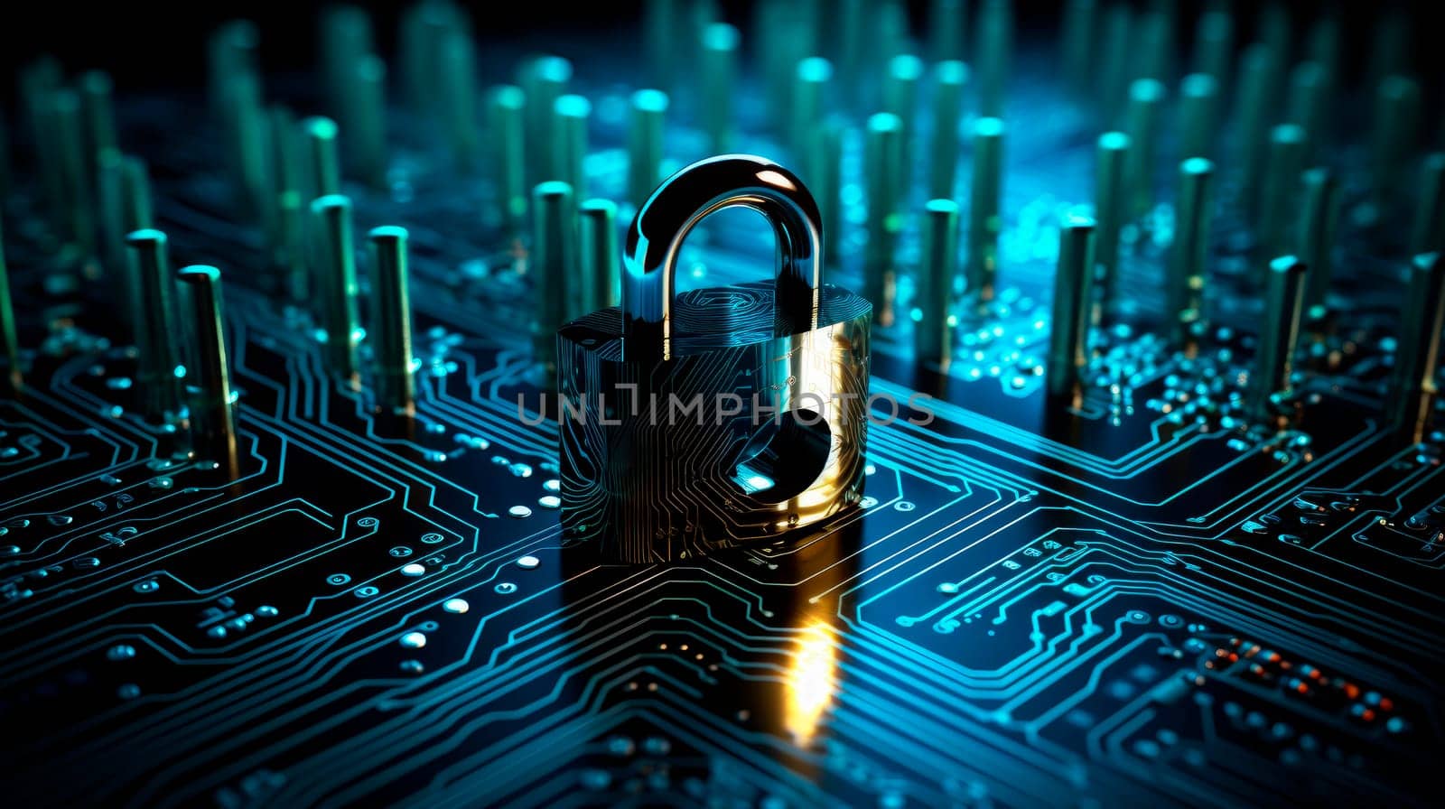 Internet digital security technology concept for business background. Padlock on circuit board. Global online security, data processing, digital interface and connections. AI generated