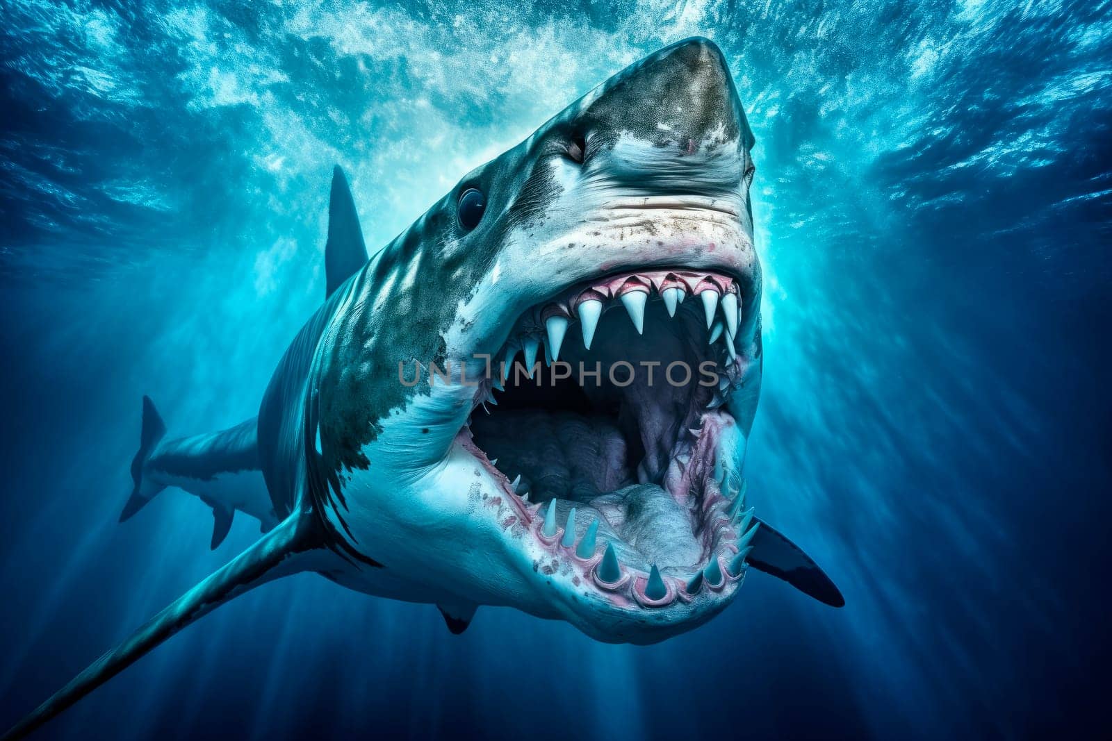 Great white shark attack the camera underwater in the depths of the ocean. Great white shark with open mouth. Watch out sharks. Marine dangerous predator. AI generated