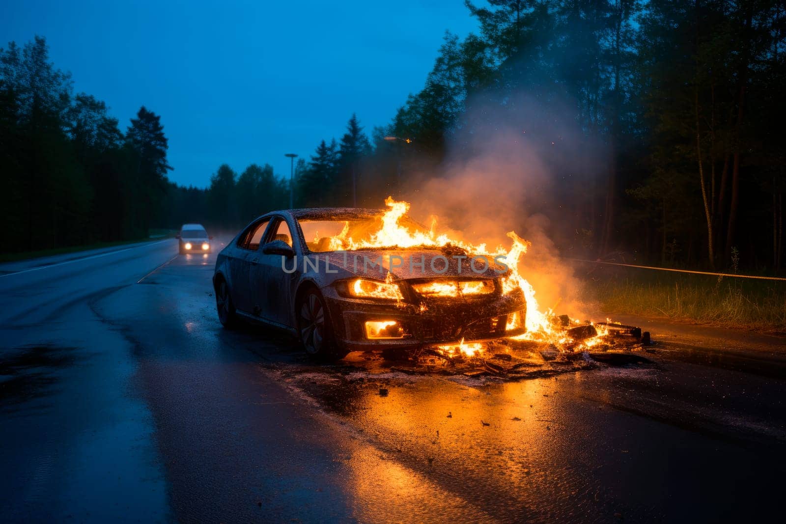 A fire on the road where the car burns after accident. A car is on fire on the side of the road. AI generated
