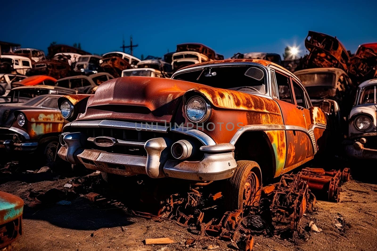 Pile of old damaged rusty cars on the junk yard waiting for recycling. Old abandoned vehicles, crushed cars in scrapyard, needed to be utilised and reused to protect nature and environment, metal recycling concept.AI generated