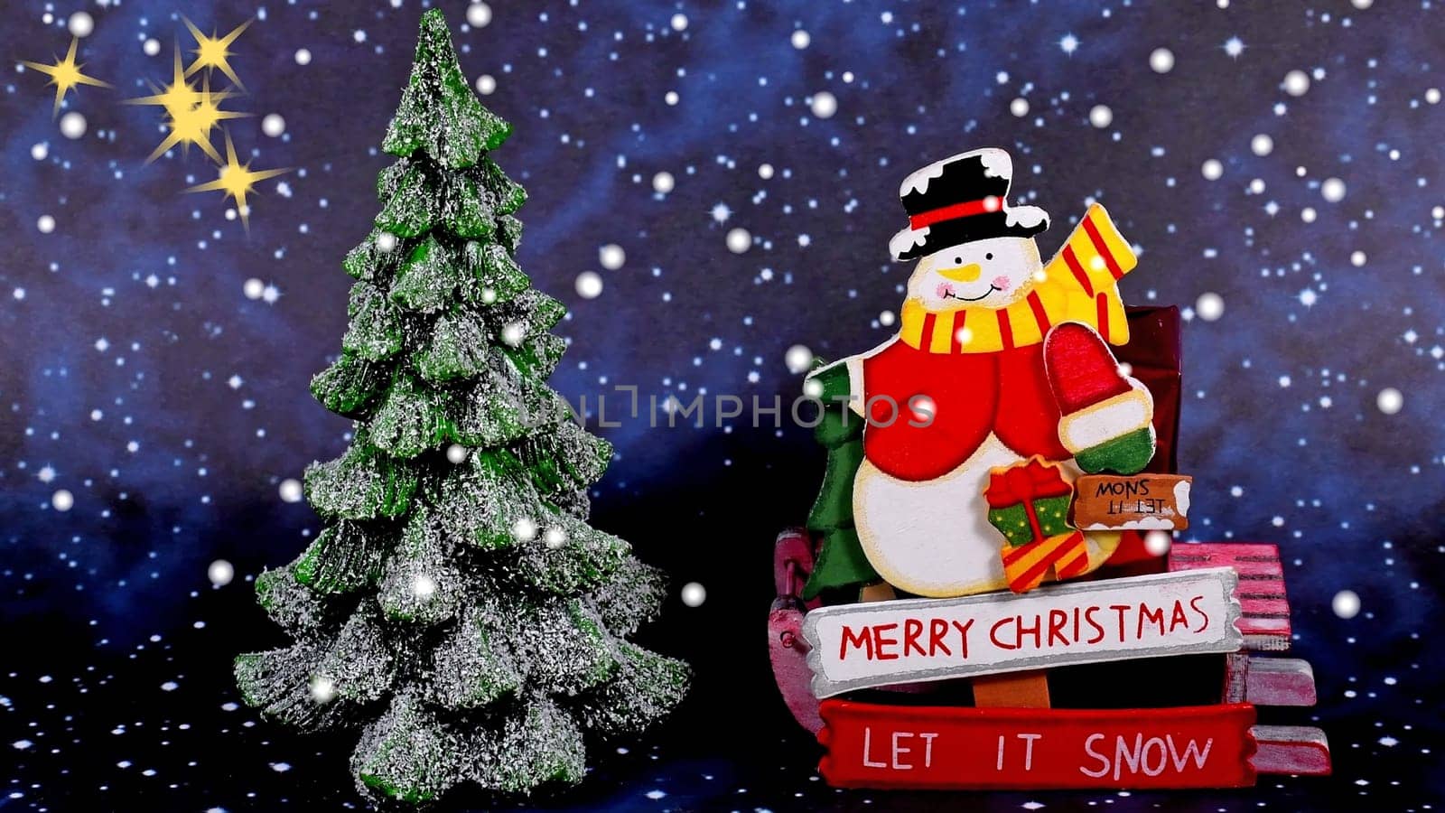 Santa Claus with text Merry Christmas and snowy fir tree on a night sky