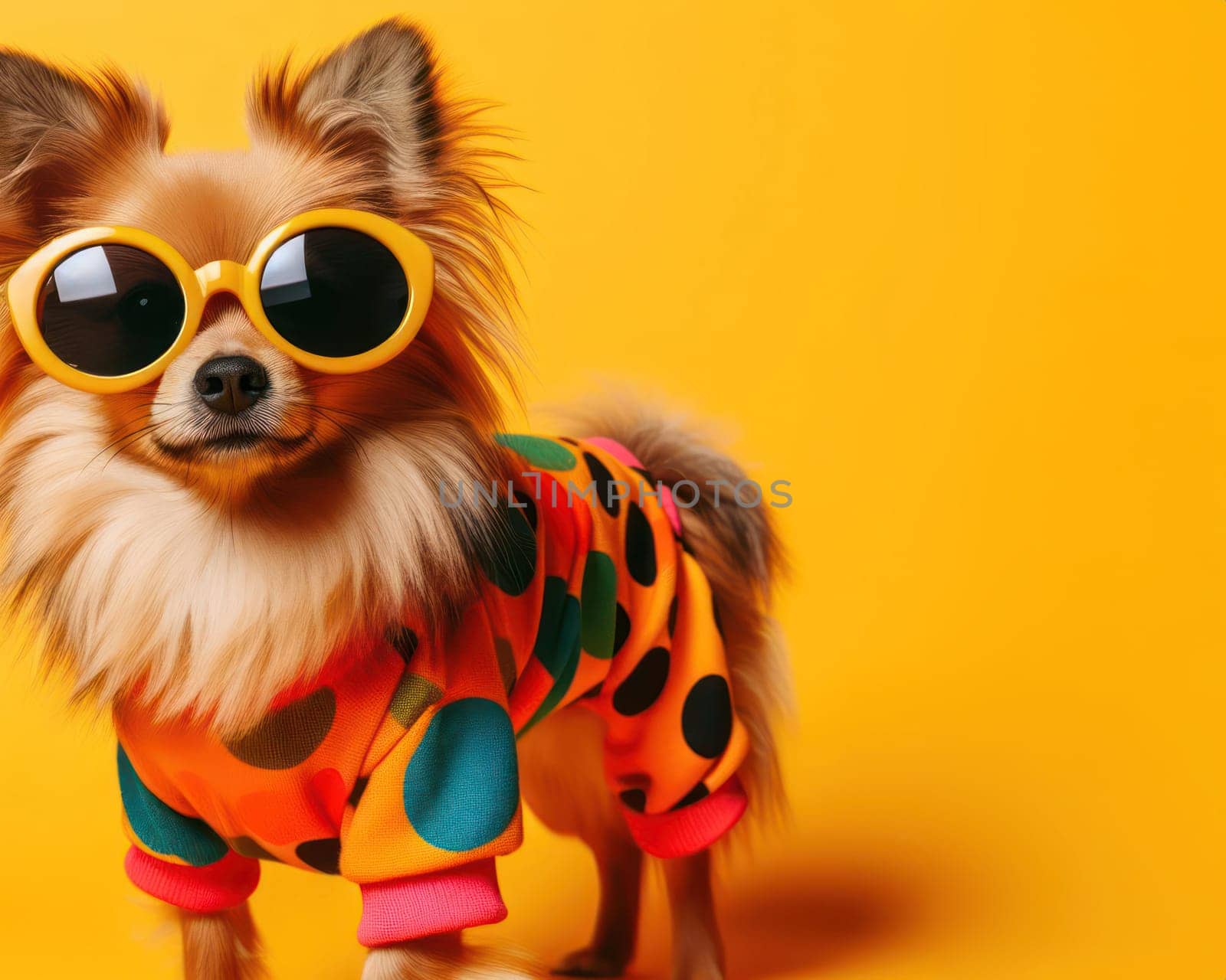 studio style shot of a dog fashionably dressed dogs ready to go out for poster or advertisement generative ai