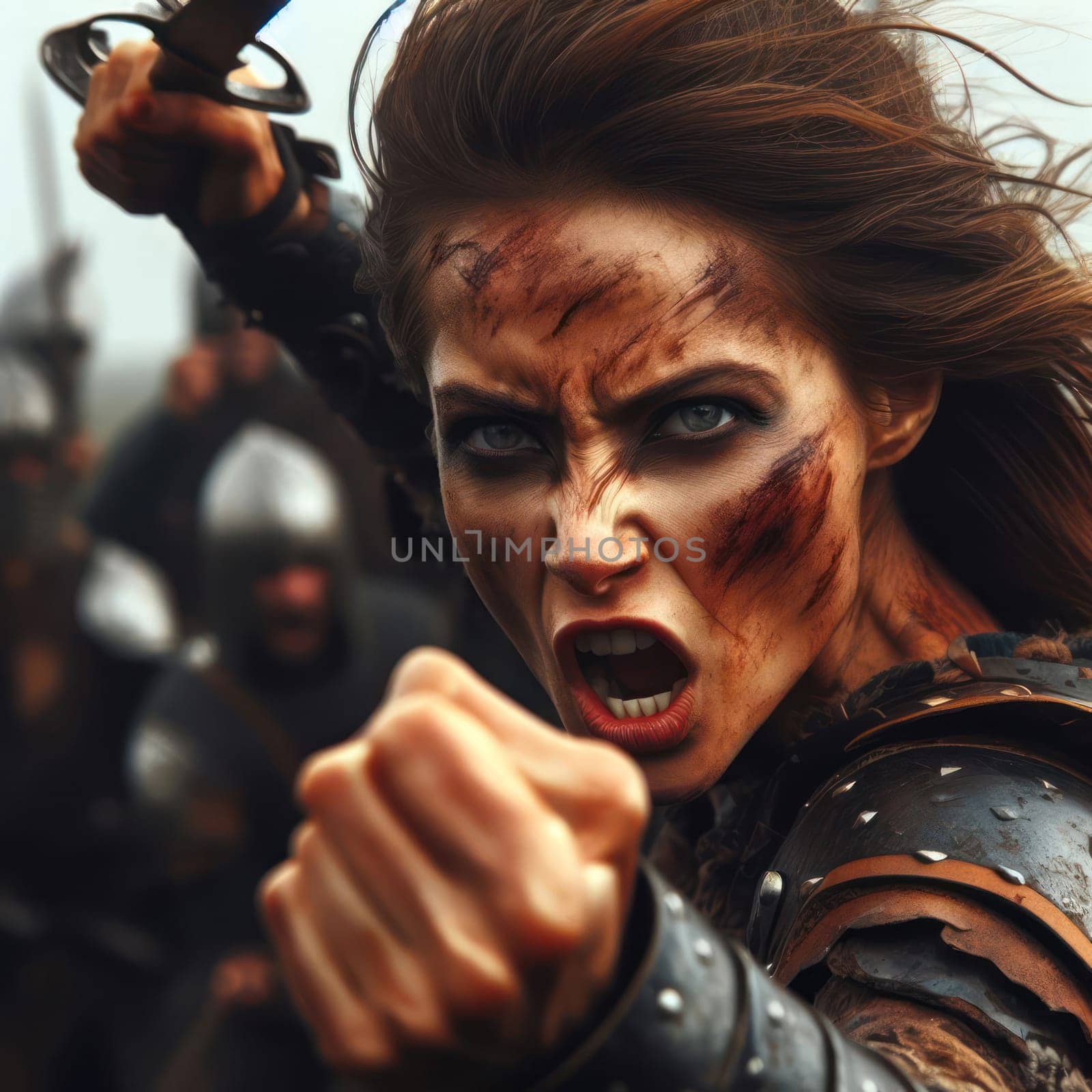 closeup of a strong female warrior enraged and in battle with a sword generative ai