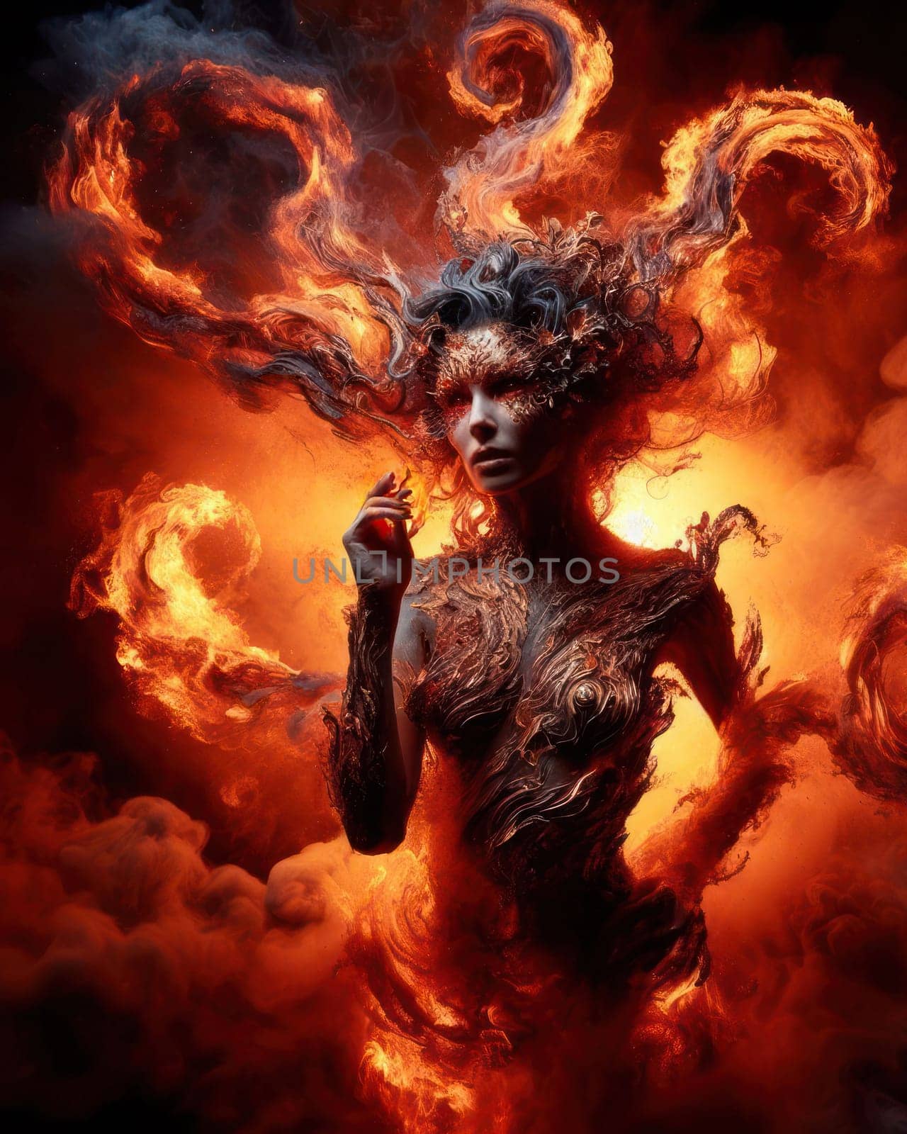 beautiful fire elemental goddess or demon burning with flames generative ai