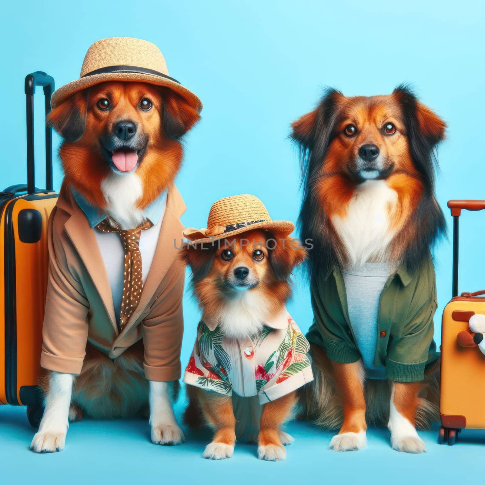 studio style shot of dog family fashionably dressed and ready to travel for poster or advertisement generative ai