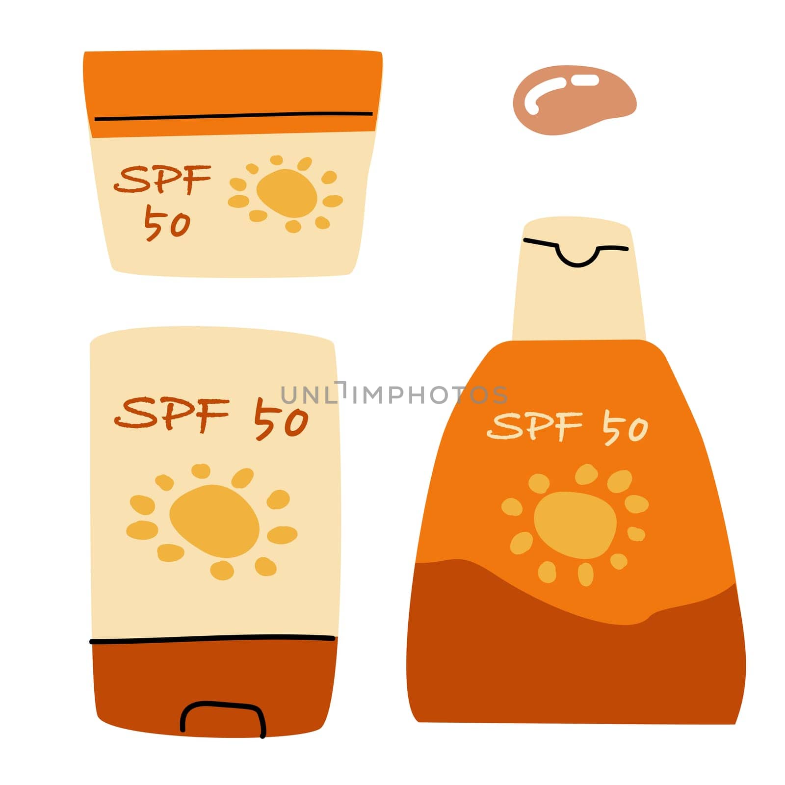 set of cosmetic product with protection spf50. Creams, Deodorant, Moisturizer. Vector illustration in flat style. Can used for cosmetic sunscreen background, poster, flyer, banner.