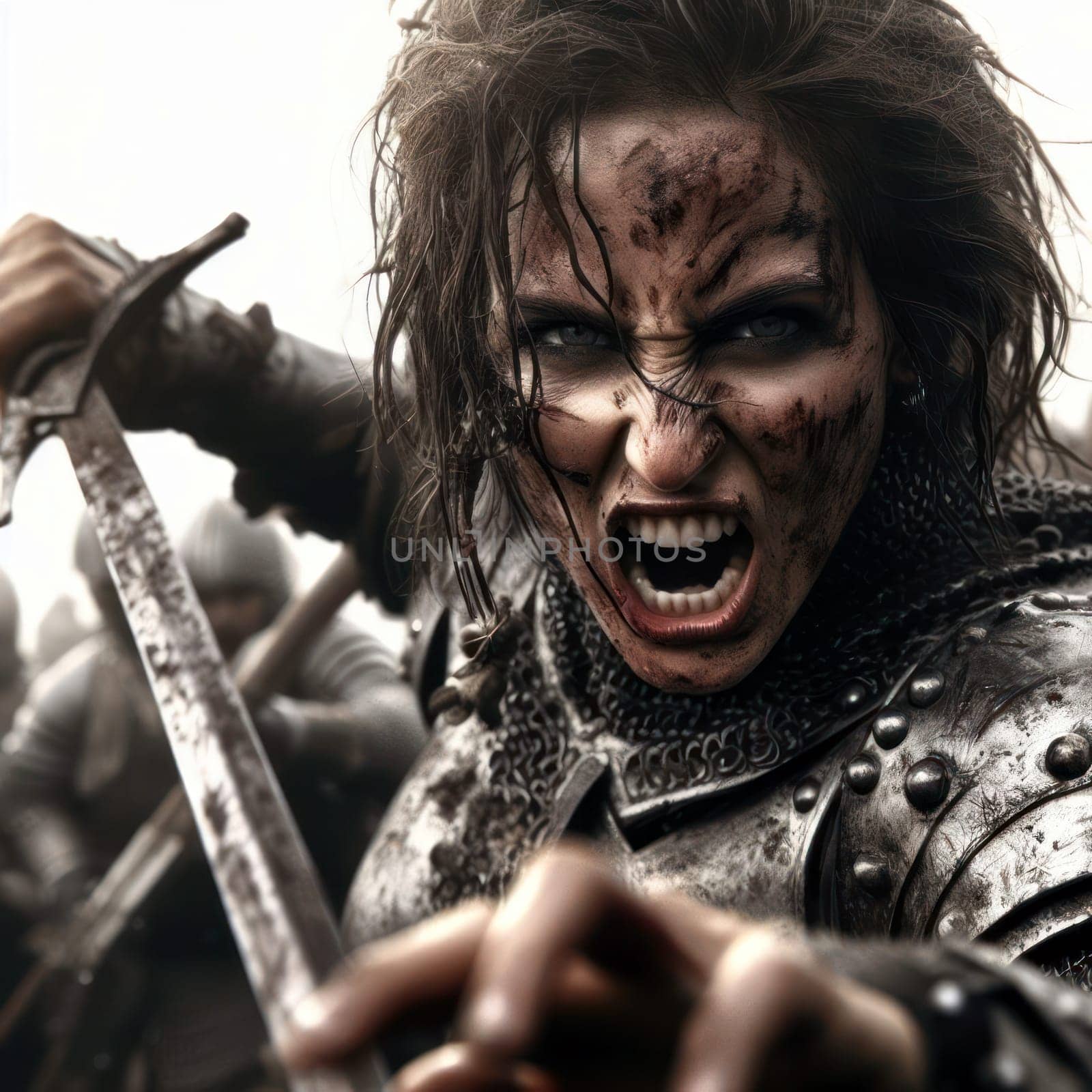 closeup of a strong female warrior enraged and in battle with a sword generative ai