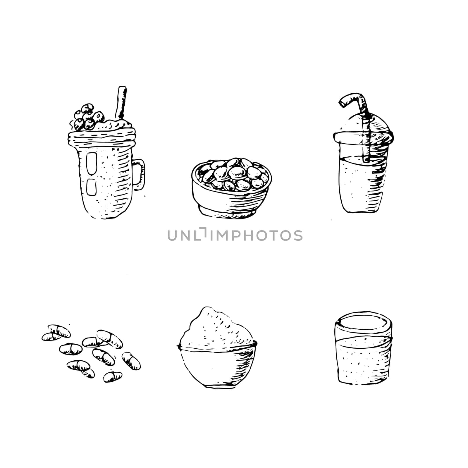 outline sketch of Spirulina, seaweed healthy product. Set of vector illustrations smooty, tablet, pills, powder, green beverage with spirulina powder. Can used for menu background, outline icons.
