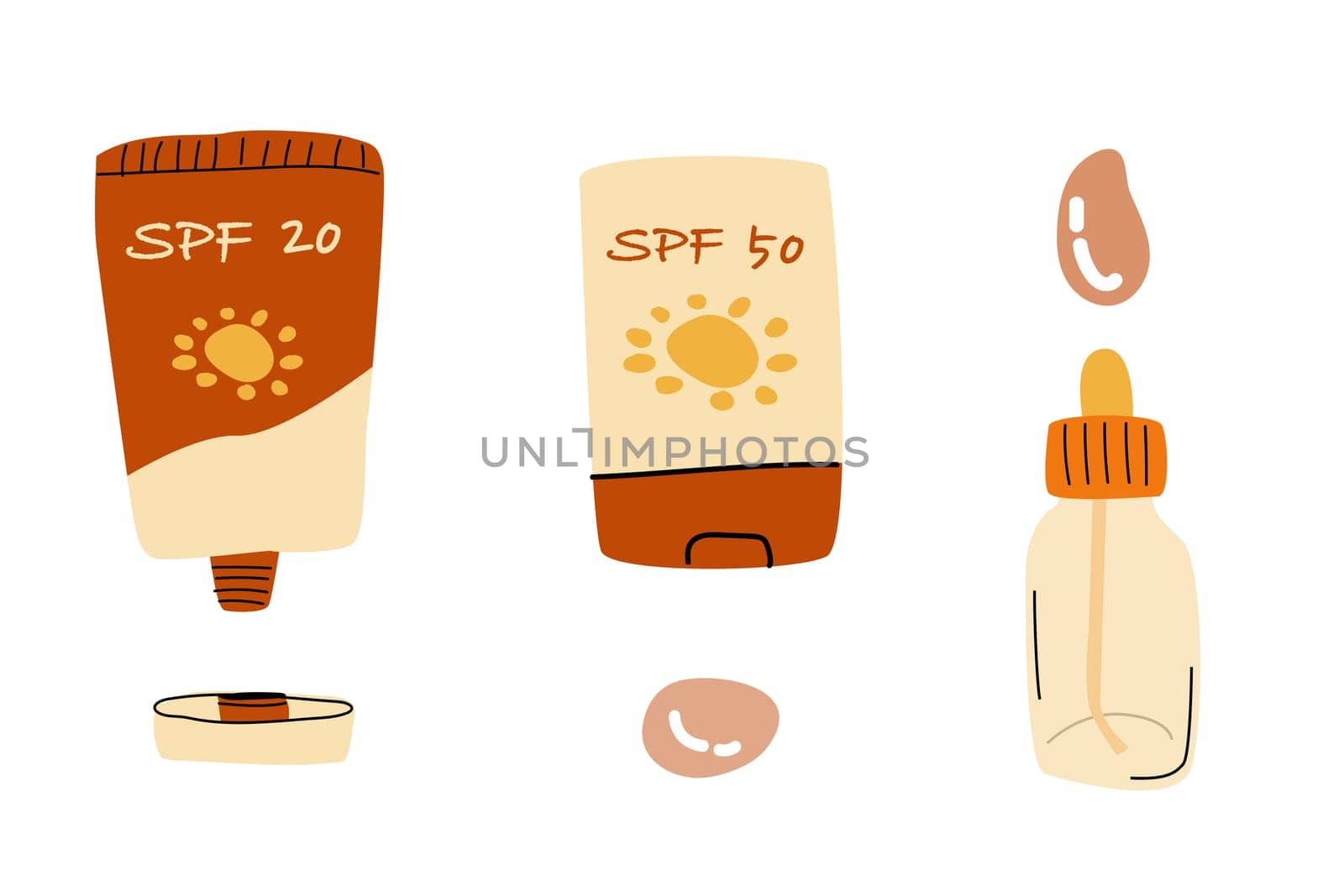 set of cosmetic sunblock products with spf protection. Vector illustration isolated. Deodorant, moisturize, hand and body creams in brown and yellow colors.