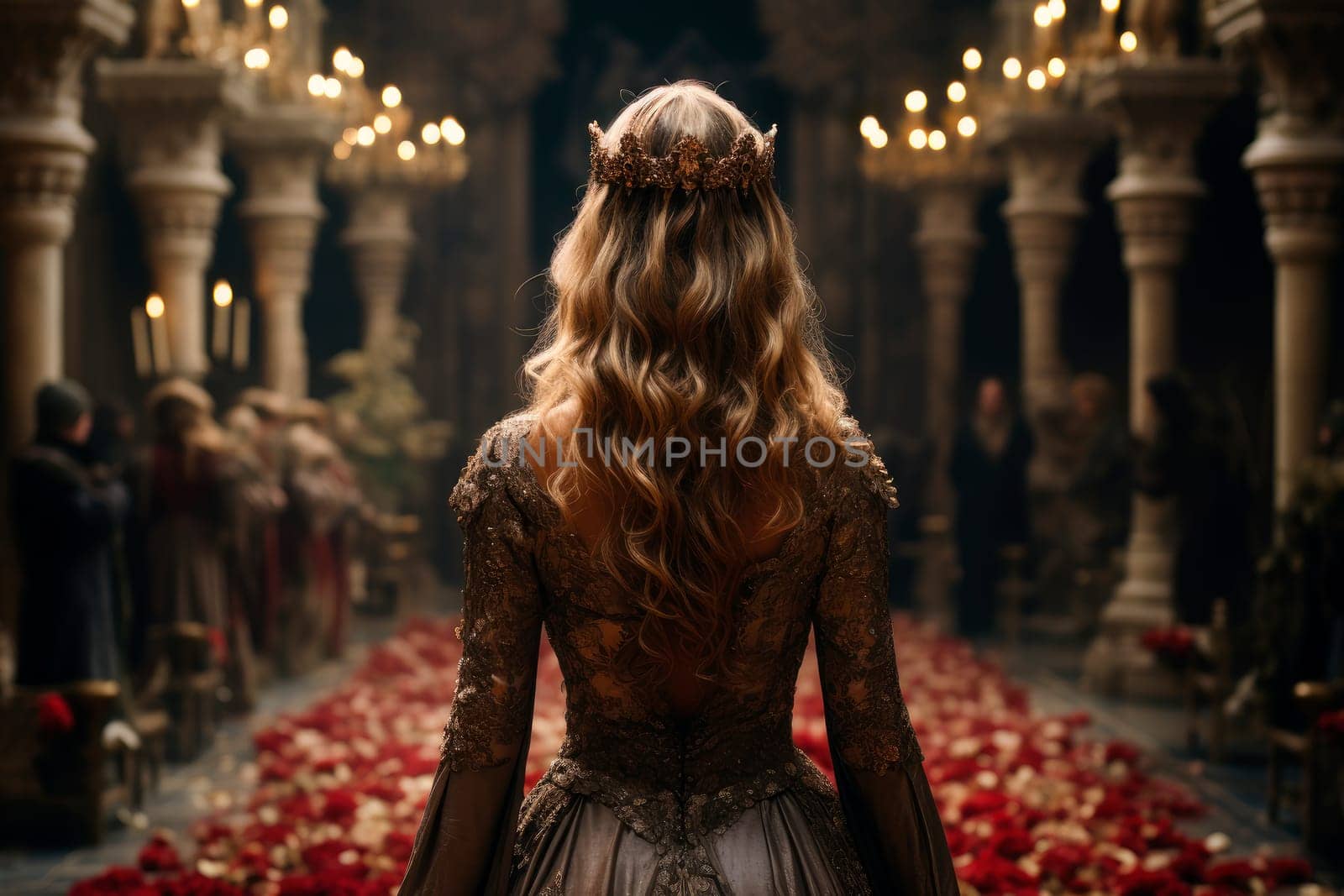 Back view of a beautiful queen wearing a medieval royal dress and a crown, background medieval chambers. Fantasy medieval girl princess walks in a gothic room. AI generated