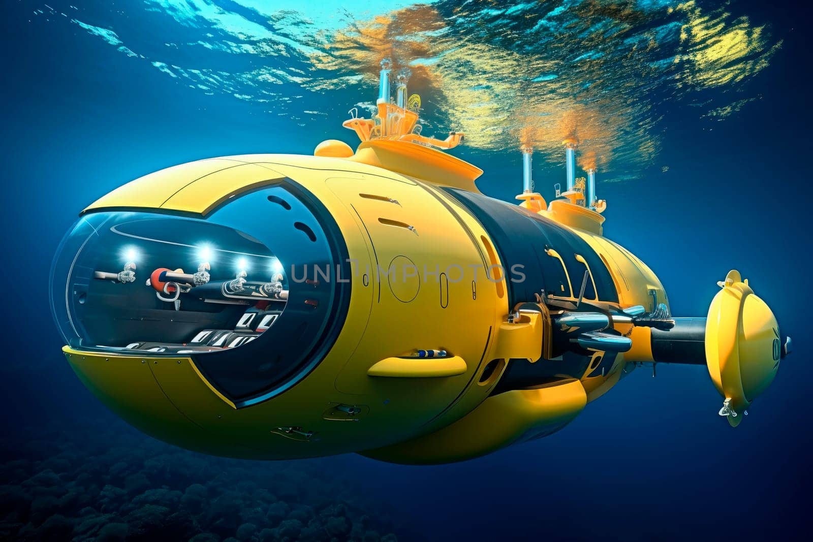 Small yellow submarine on the dive. Submarine explore underwater life.AI generated