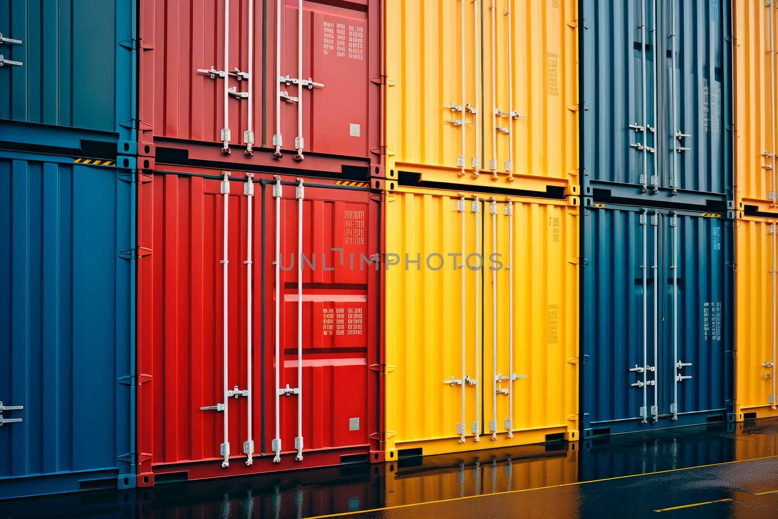 Shipping containers lined up. Logistics of international container cargo shipping in container yard.Freight transportation, International global shipping.AI generated