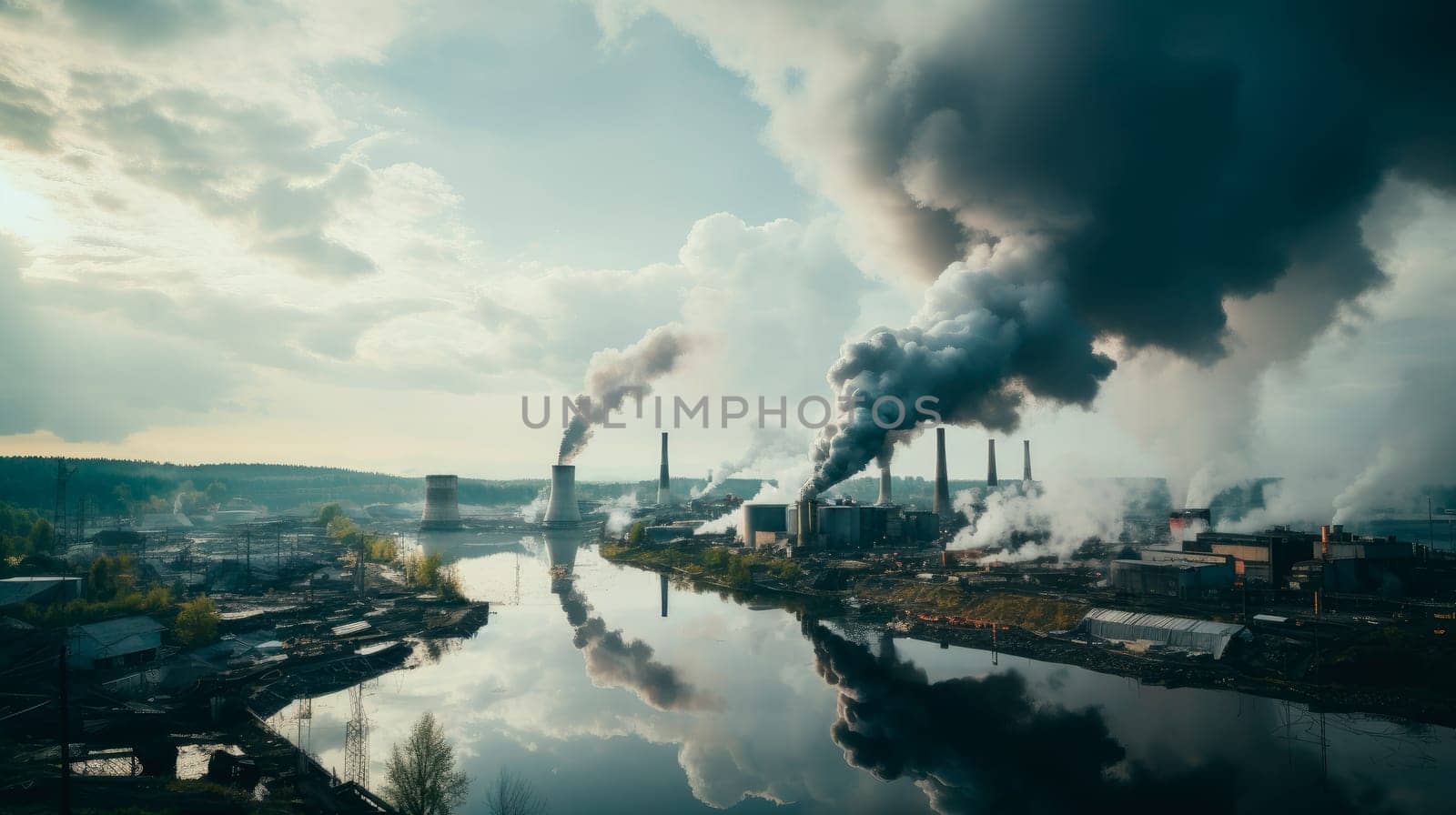 Thick smoke from thermal power plant stacks and an open pit mine presenting an industrial zone.Coal power plant with chimney and cooling towers. AI generated