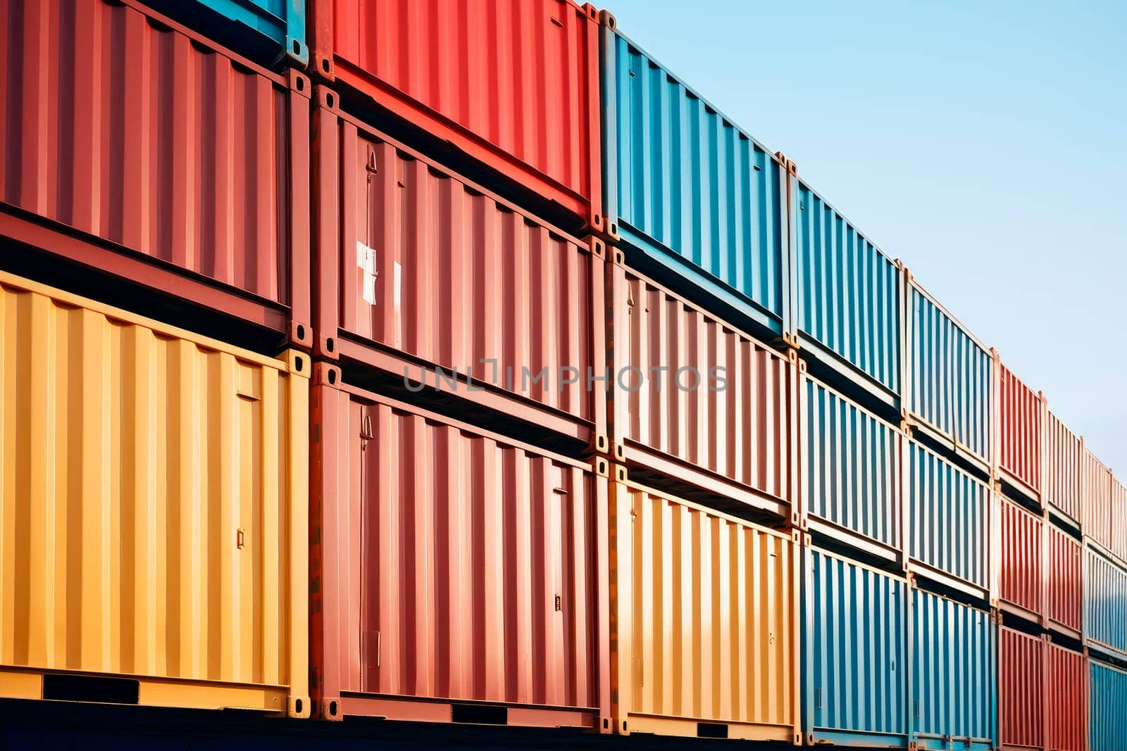 Shipping containers lined up. Logistics of international container cargo shipping in container yard.Freight transportation, International global shipping.AI generated