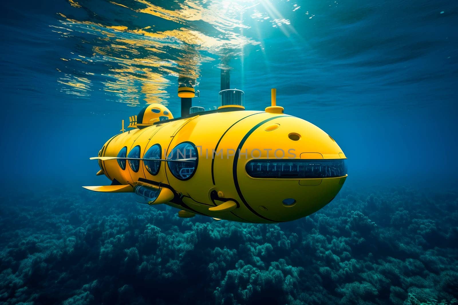 Small yellow submarine on the dive. Submarine explore underwater life.AI generated
