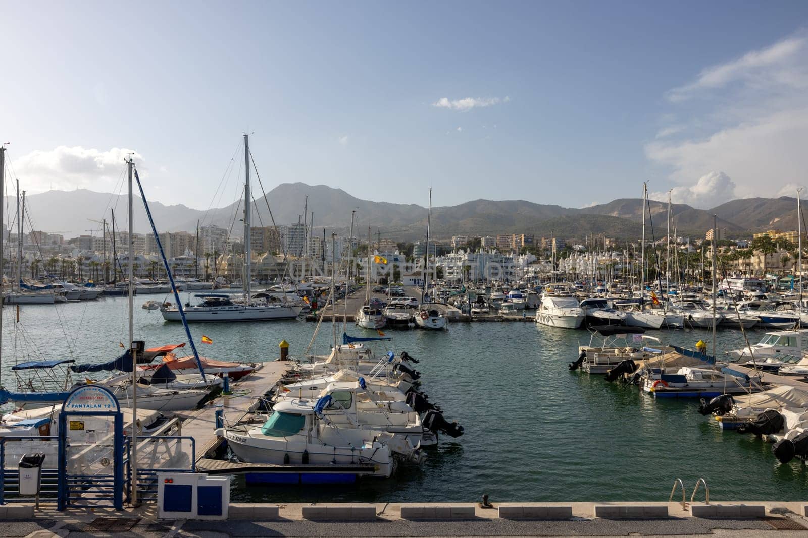 Benalmadena, Spain - September 15, 2023: Boats and yachts moored at Puerto Marina in Benalmadena, Costa del Sol Malaga, Spain. This marina has berths for 1100 boat