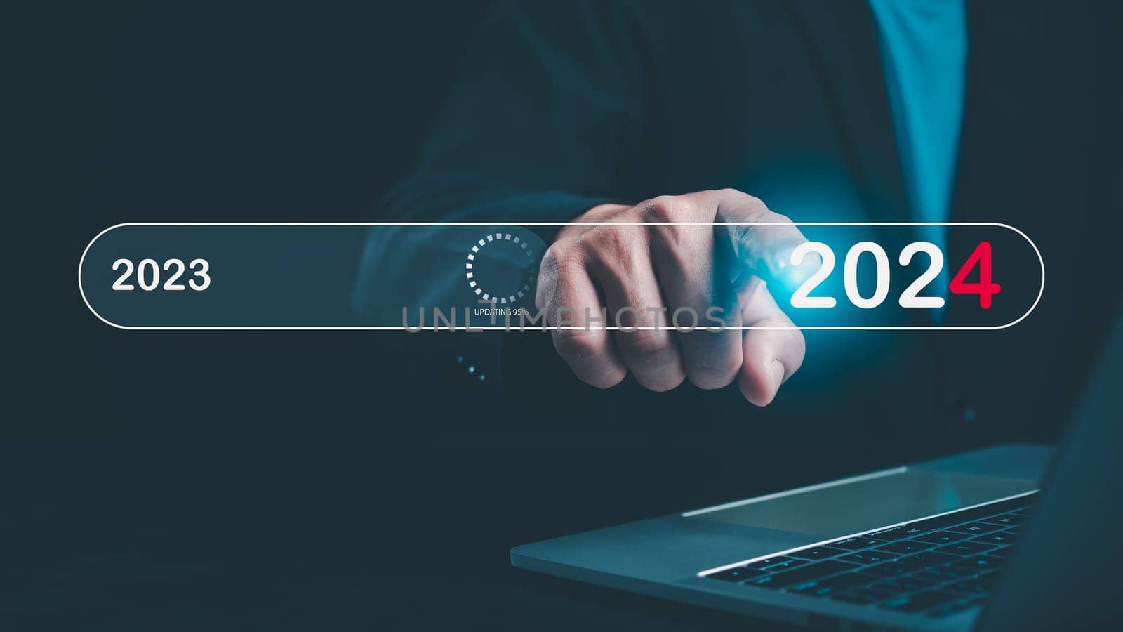 Businessman touch on virtual bar status to change to 2024, countdown of merry Christmas and happy new year by technology concept, start new business and new life. New year's start-up.