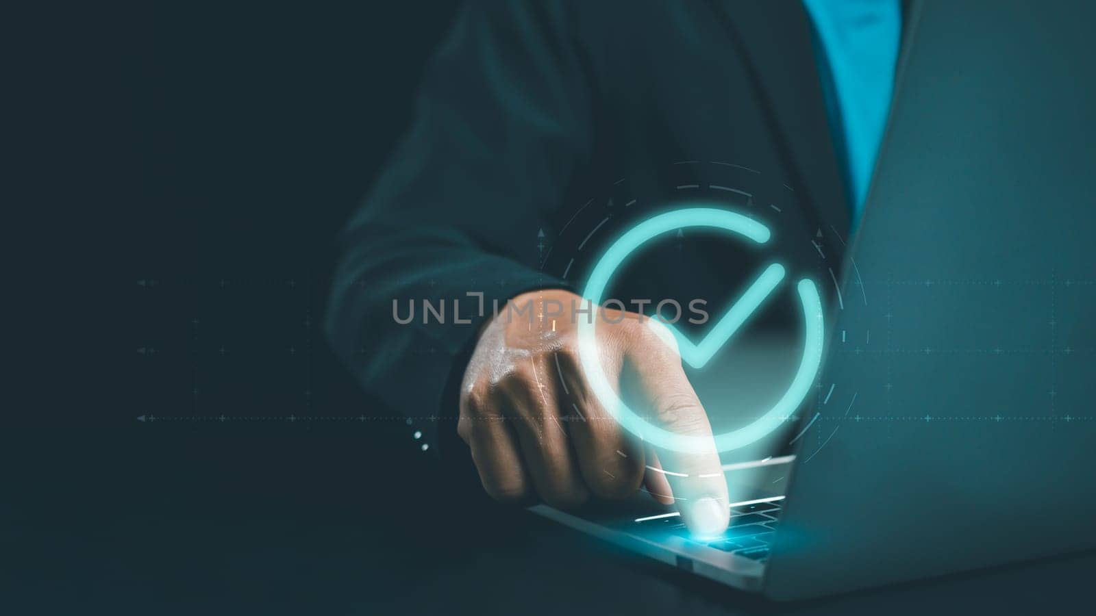 Businessman hand touching glowing correct sign mark with copy space area for document approval and project approve concept, mark correct for online approve paperless and quality assurance concept.