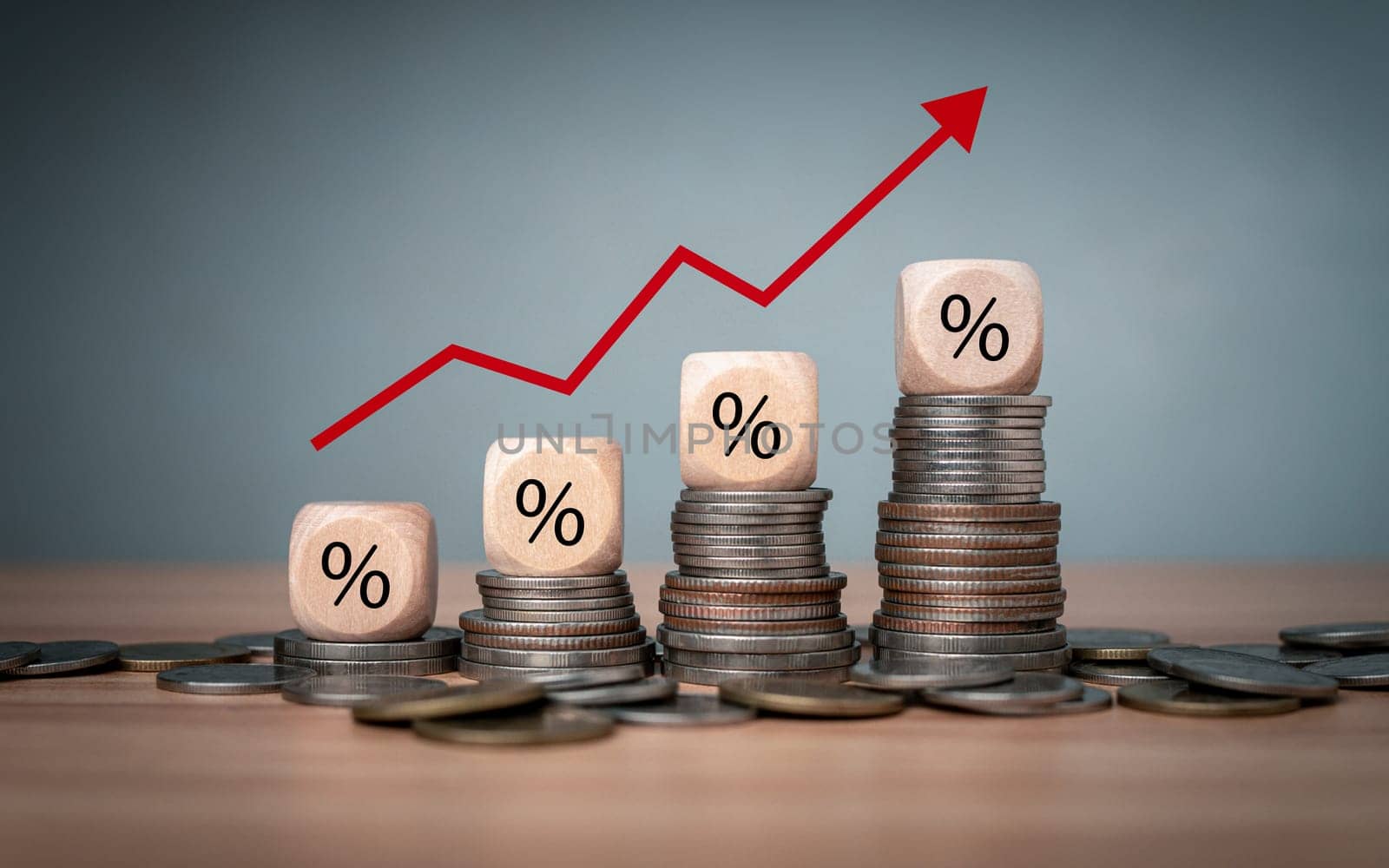 Percent sign on a wooden cube with row of coins in idea for FED consider interest rate hike, inflation concept, red graph arrow, world economics, and inflation control, Money and budget management