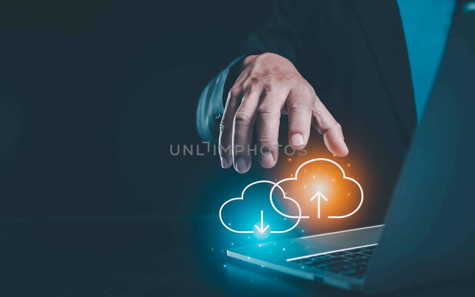 Human uses laptop for download and backup by digital cloud network technology, Cloud computing storage technology, Data storage platform, Business networking and internet service concept.