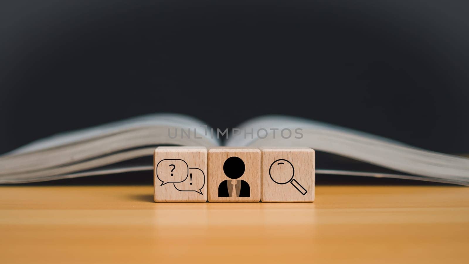 Book in library with icon, business success idea and education or learning online concept, businessperson achievement and inspiration.