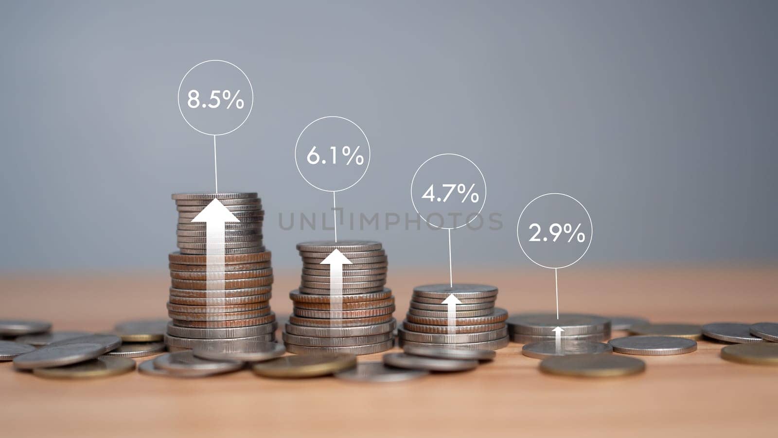 Stacking coins different height with percentage for interest rates from different investment, Investor, trader, investment, fund, stock market, Financial profit return and dividend concept.