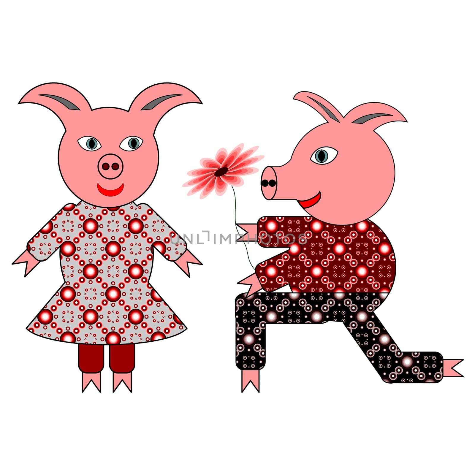 One pig presents another a beautiful flower. A vector-art illustration on a white background