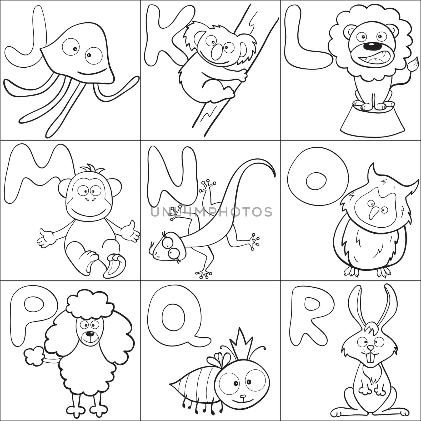 Outlined cute cartoon animals and alphabet from J to R for coloring book