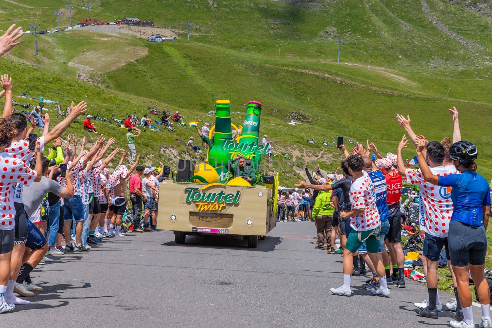 Col du Tourmalet, France - July 06 2023: Caravan car at the top of the Col du Tourmalet in Pyerenees mountains during the stage 6 of Le Tour de France 2023