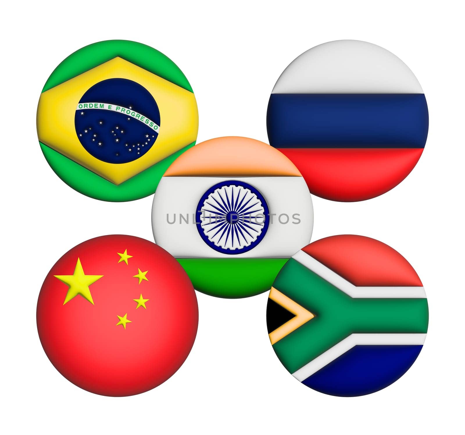3D Flag of BRICS on an avatar circle. BRICS is a grouping of the world economies of Brazil, Russia, India, China, and South Africa.