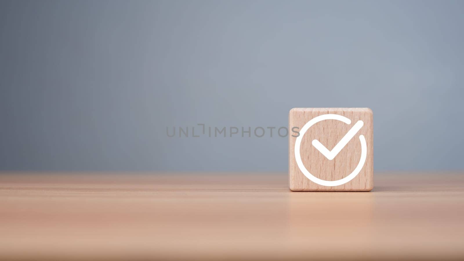 Checklist concept, Check mark on wooden blocks wooden background with copy space, project feasibility concept. Tick and cross signs. Checkmark and cross icons. approve and disapprove symbols.