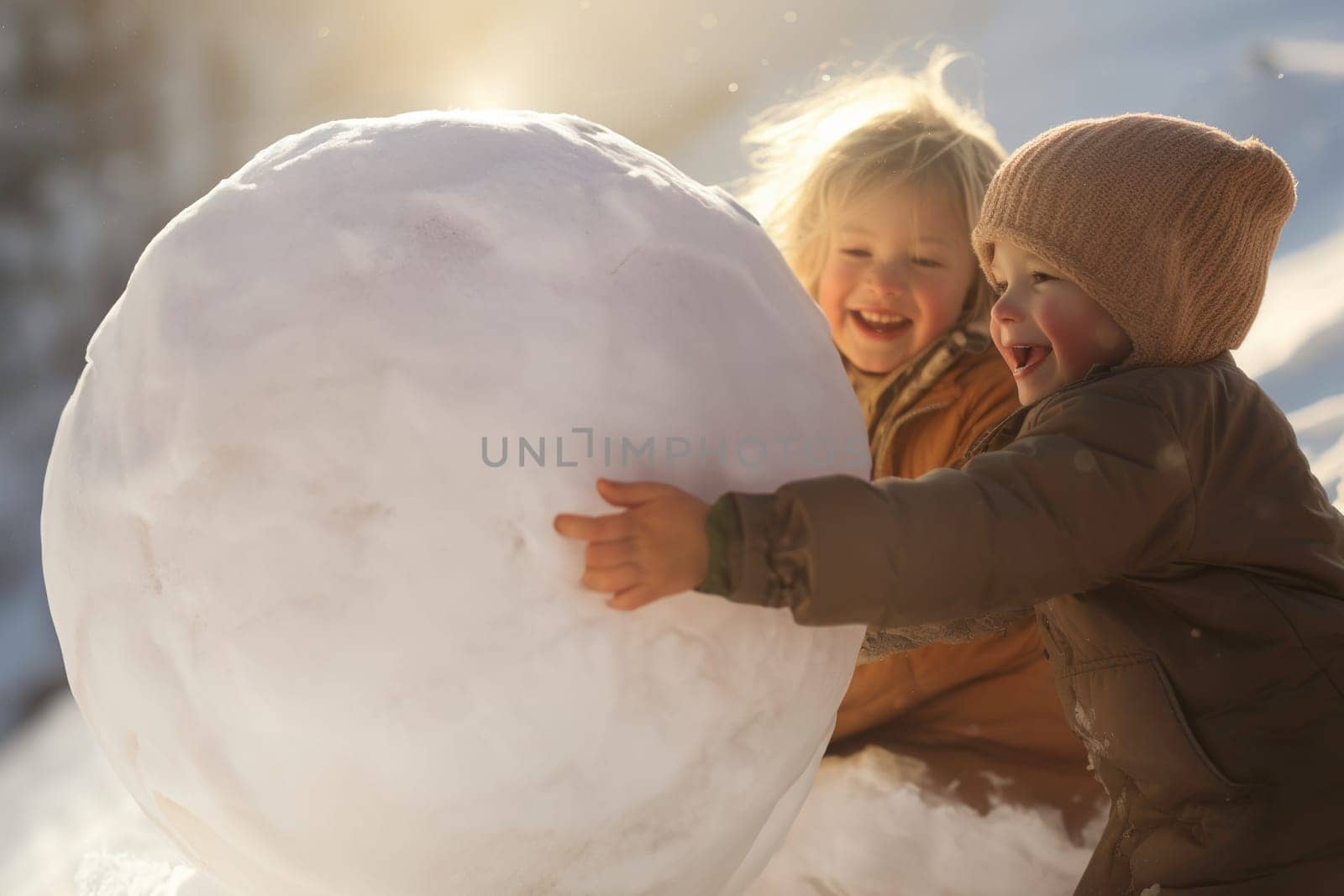 Excited children are joyfully playing in the snow, laughing and having fun. They engage in a friendly play with friends, creating cherished memories on their winter holiday. Positive and laughing, kids are enjoying a snowy winter day