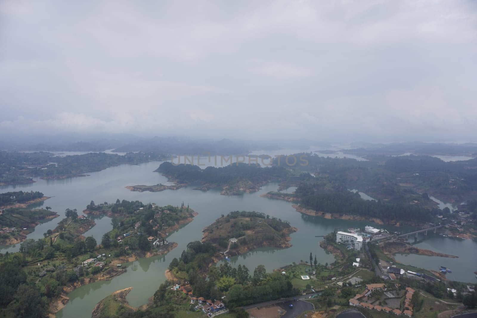 View from the rock of Guatape, El Penon de Guatape on the surrounding lake landscape close to Medellin, Colombia 2020