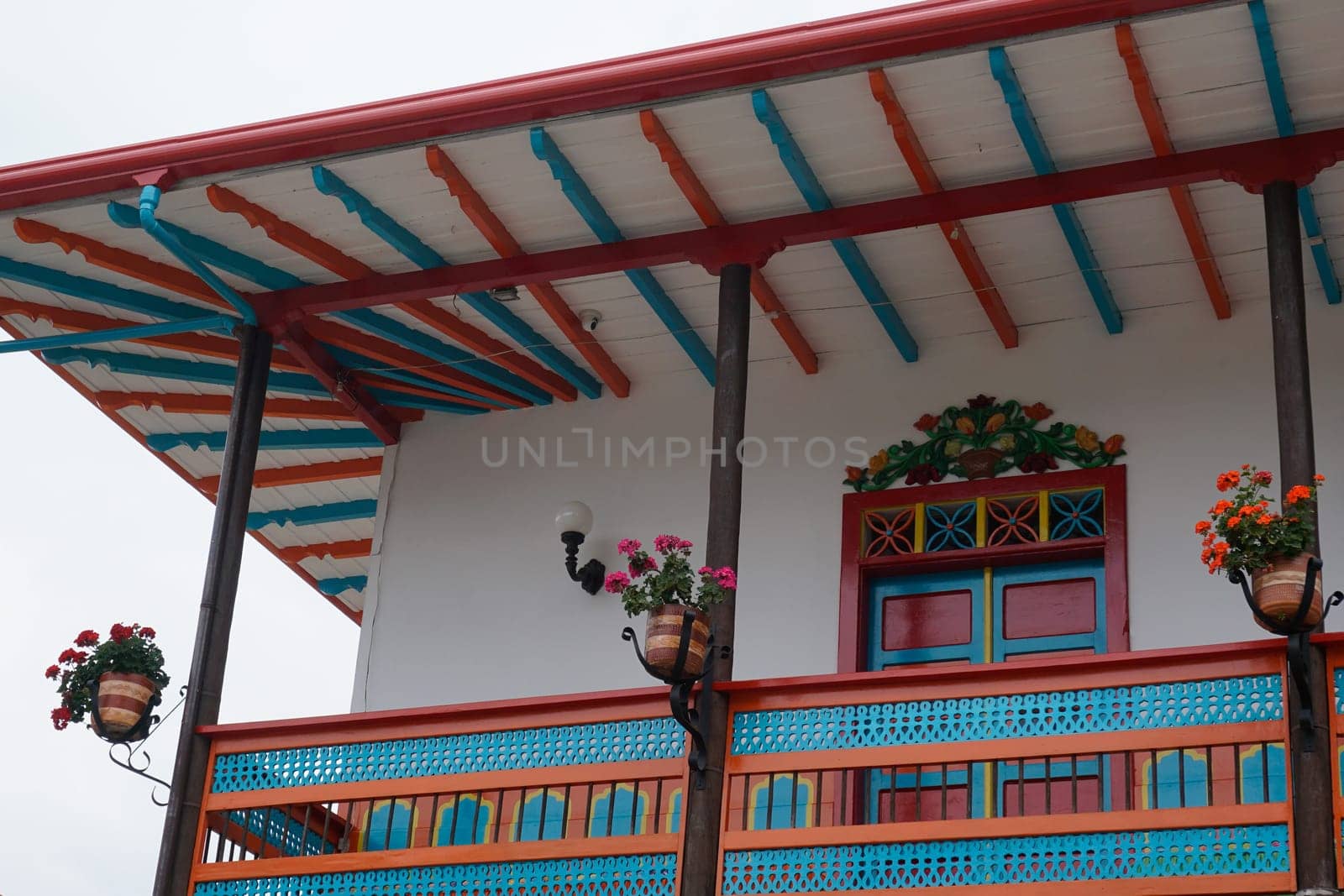 Colorful balcony and roof of a house in Jardin, Eje Cafetero, Colombia 2020