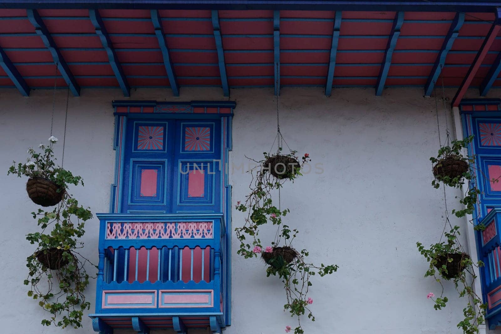 Colorful balconies and roof of a house in Salento, Eje Cafetero, Colombia 2020