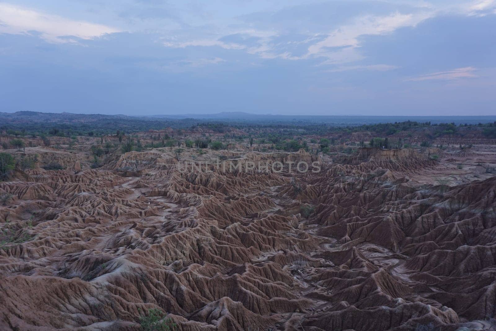 The lunar landscape of the Tatacoa Desert, Desierto de la Tatacoa shortly after sunset, Colombia 2020