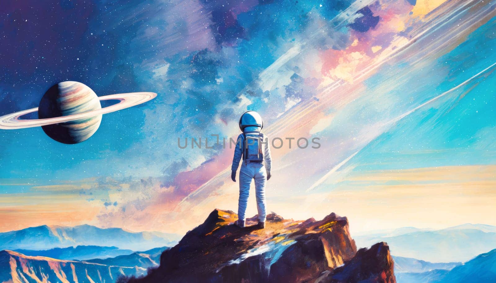 Rear view woman astronaut on another planet stands on the mountains top with view to the colorful starry sky with colorful nebulas