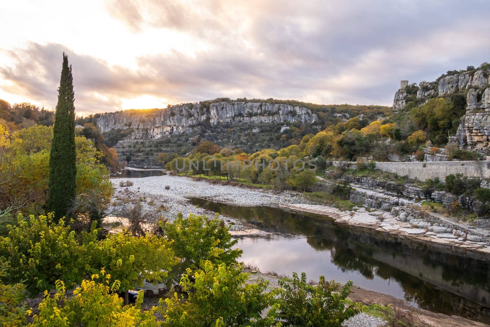 Panorama seen from the medieval village of Balazuc over Ardèche river. Photography taken in France
