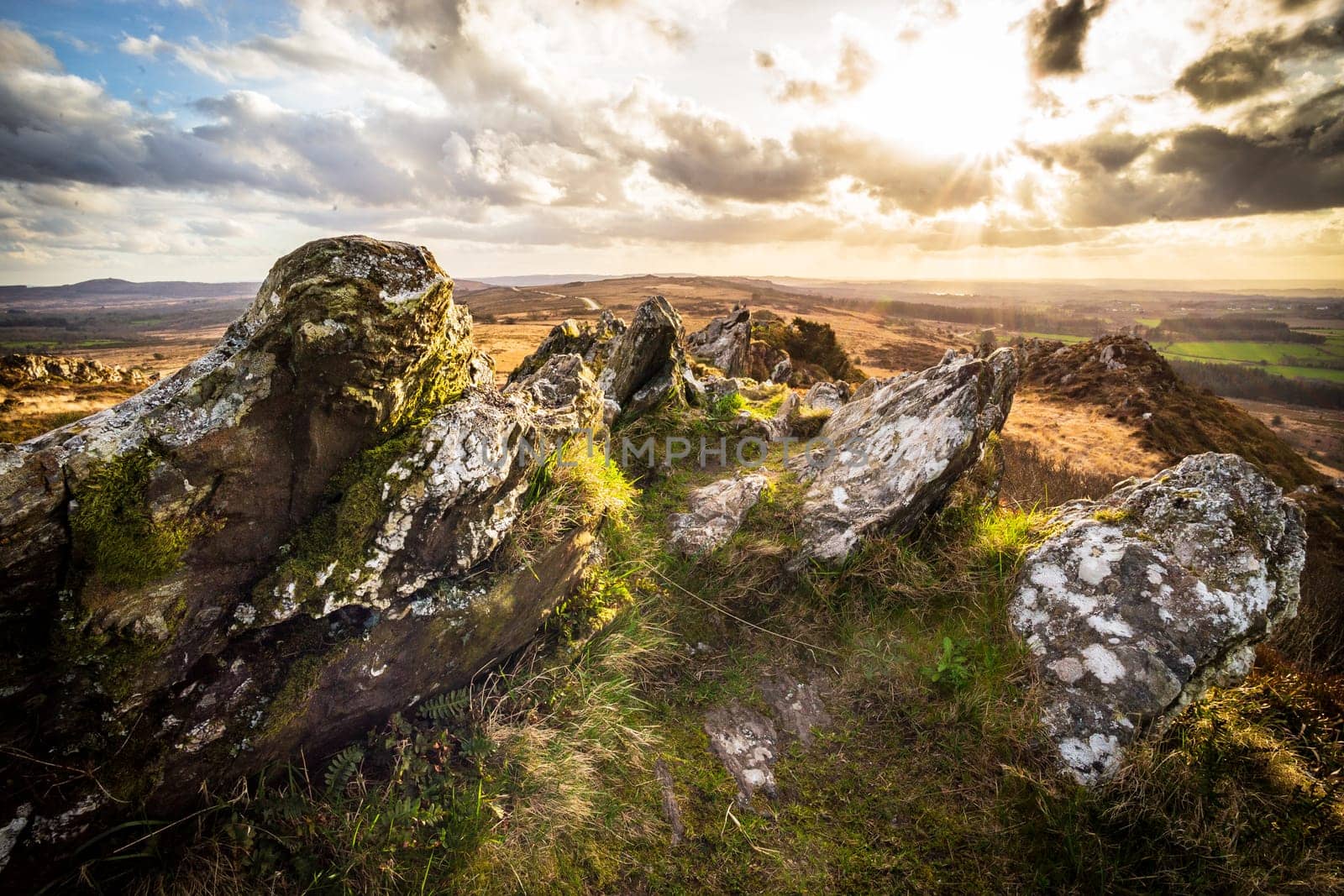 Roch Trevezel backlighted by the sunset. Photography taken in Brittany, north-western France