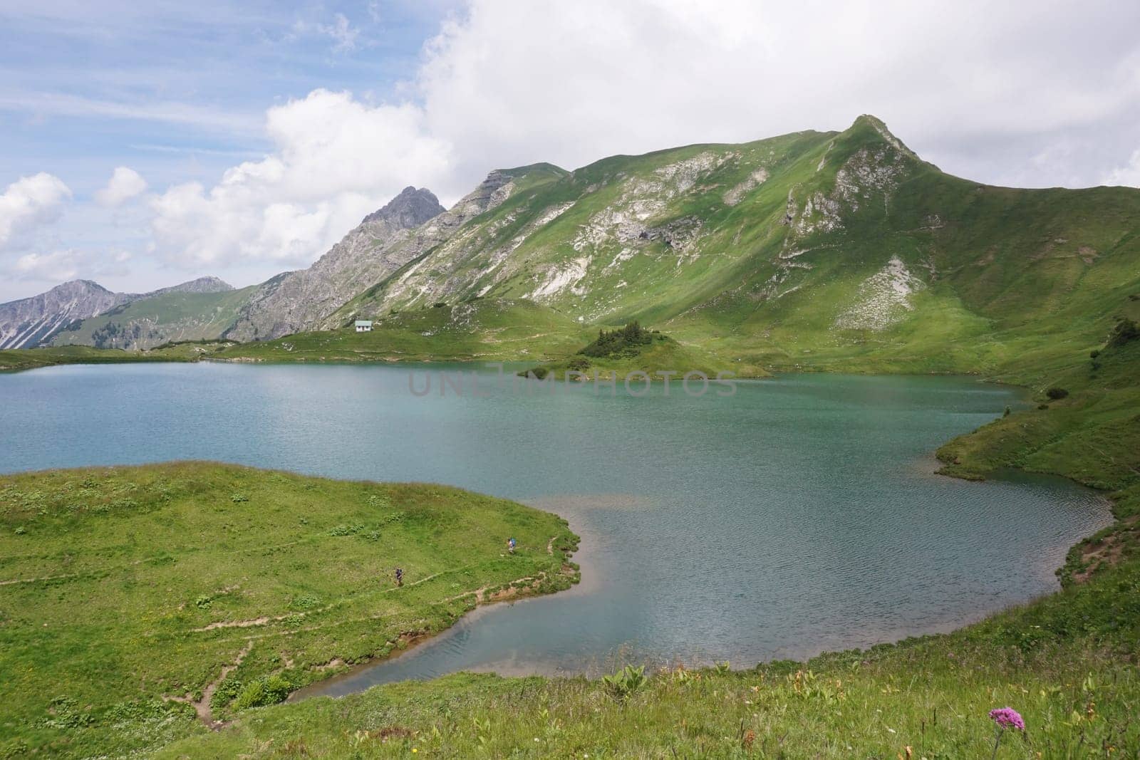 The beautiful mountain lake Schrecksee in the german Alps, Allgäu, Germany 2020