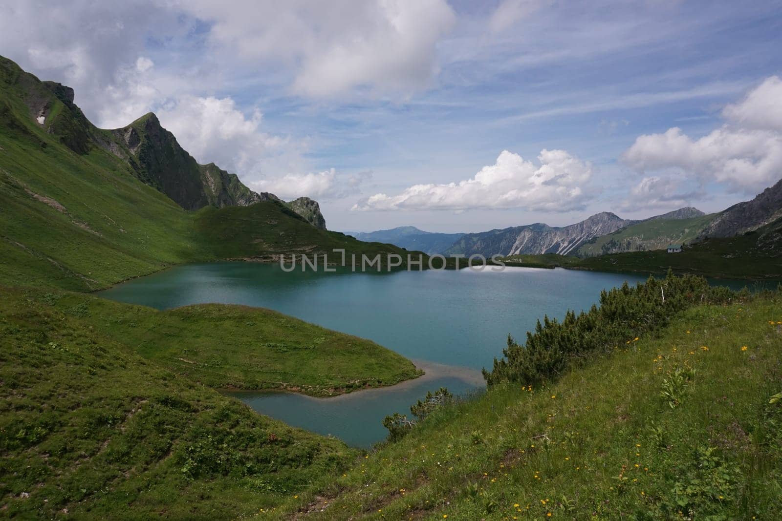 The picturesque mountain lake Schrecksee in the german Alps, Allgäu, Germany 2020