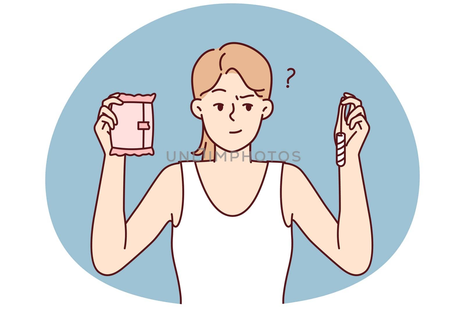 Thoughtful woman holding tampon and pad in hands choosing what to use during menstruation. Girl is thinking about choosing best manufacturer of female hygiene products. Flat vector illustration
