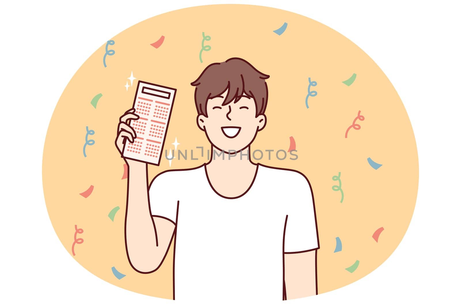 Happy man with calendar or work schedule in hands smiling while standing among falling confetti. Guy rejoices at fulfillment working deadlines or successful completion of project. Flat vector design