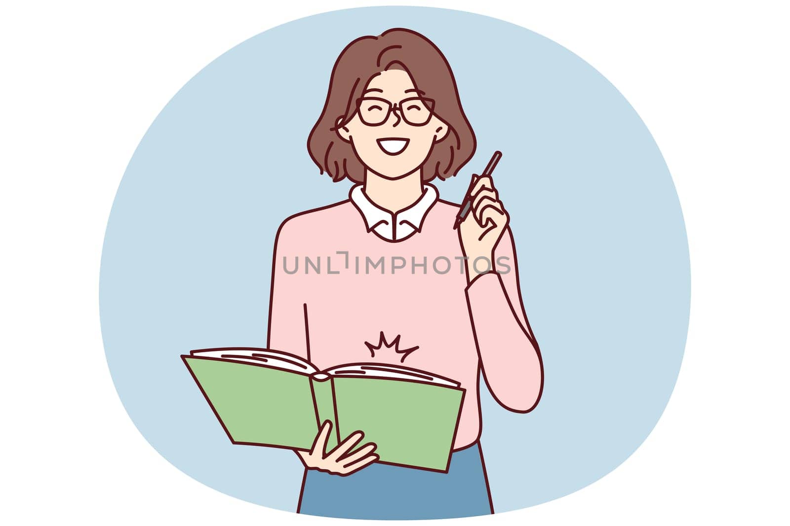 Happy woman in glasses holding large notepad in hands and with smile making note or plan for day. Positive girl standing with book holding pen to do marks when reading literature. Flat vector image